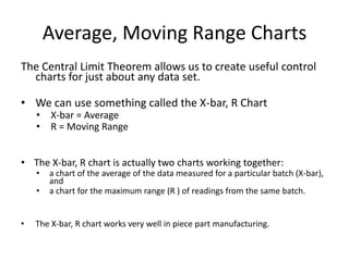 Average, Moving Range Charts
The Central Limit Theorem allows us to create useful control
  charts for just about any data set.

• We can use something called the X-bar, R Chart
    •   X-bar = Average
    •   R = Moving Range


• The X-bar, R chart is actually two charts working together:
    •   a chart of the average of the data measured for a particular batch (X-bar),
        and
    •   a chart for the maximum range (R ) of readings from the same batch.


•   The X-bar, R chart works very well in piece part manufacturing.
 