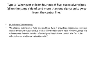 Type 3- Whenever at least four out of five successive values
    fall on the same side of, and more than one sigma units away
                        from, the central line.


•    Dr. Wheeler’s comments:
•    “As a logical extension of Rule One and Rule Two, it provides a reasonable increase
     in sensitivity without an undue increase in the false alarm rate. However, since this
     rule requires the construction of one-sigma lines it is not one of the first rules
     selected as an additional detection rule.”
 