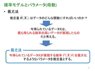 確率モデルとパラメータ(母数)
• 最尤法
  推定量   はデータのどんな関数にすればいいのか？


        今得られているデータXは、
    最も得られる確率の高いデータが実現したもの
            だと考える。



  最尤法
 今得られているデータXが実現する確率      を最大化
      するようなパラメータを推定量とする。

                                16
 