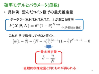 確率モデルとパラメータ(母数)
• 具体例 歪んだコイン投げの最尤推定量
 データ X=（H,H,T,H,T,H,T,T,…） が起こる確率

                          （Hがn回出た場合）


 これを   で微分してゼロと置くと…



                最尤推定量



       直観的な推定量と同じものが得られる
                                       18
 