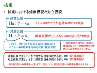 検定
• 検定における帰無仮説と対立仮説
 帰無仮説
            正しいのかどうかを確かめたい仮説

 対立仮説
            帰無仮説が正しくない時に成り立つ仮説

 パラメータの1点を定める仮説：単純仮説     一般の複合仮説では、検定が
                         複雑になったり発見的な手段を
 パラメータの範囲を定める仮説：複合仮説
                         用いる必要があったりする。


・帰無仮説が正しいときに対立仮説を採択する誤り     第1種の誤り
・対立仮説が正しいときに帰無仮説を採択する誤り     第2種の誤り
 第1種の誤りの確率を一定以下に抑えつつ、第2種の誤りの確率を最小化したい

                                        26
 