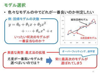 モデル選択
• 色々なモデルの中でどれが一番良いのか判定したい
                    3

 例：回帰モデルの次数        2.5        線形回帰モデル
                    2

                   1.5

                    1


   いったい何次のモデルが     0.5
                                         6次回帰モデル
    一番妥当なのか？        0
                         0   0.2   0.4   0.6   0.8        1




                   オーバーフィッティング、過学習
素直な発想：最尤法の拡張
尤度が一番高いモデルを      常に最高次のモデルが
 選べばいいのでは？         選ばれてしまう

                                                     31
 