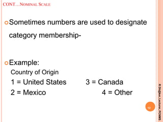 CONT…NOMINAL SCALE
Sometimes numbers are used to designate
category membership-
Example:
Country of Origin
1 = United States 3 = Canada
2 = Mexico 4 = Other
12
RDh@ker,Lecturer,PCNMS
 