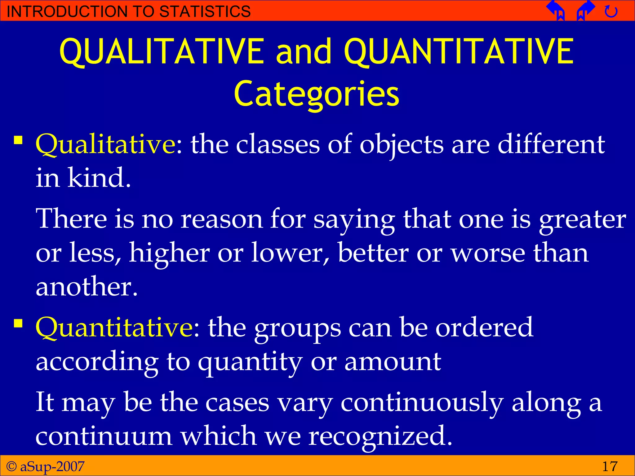 © aSup-2007
INTRODUCTION TO STATISTICS   
17
QUALITATIVE and QUANTITATIVE
Categories
 Qualitative: the classes of objects are different
in kind.
There is no reason for saying that one is greater
or less, higher or lower, better or worse than
another.
 Quantitative: the groups can be ordered
according to quantity or amount
It may be the cases vary continuously along a
continuum which we recognized.
 