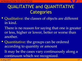 © aSup-2007
INTRODUCTION TO STATISTICS   
17
QUALITATIVE and QUANTITATIVE
Categories
 Qualitative: the classes of objects are different
in kind.
There is no reason for saying that one is greater
or less, higher or lower, better or worse than
another.
 Quantitative: the groups can be ordered
according to quantity or amount
It may be the cases vary continuously along a
continuum which we recognized.
 
