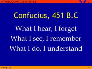 © aSup-2007
INTRODUCTION TO STATISTICS   
28
Confucius, 451 B.C
What I hear, I forget
What I see, I remember
What I do, I understand
 