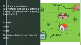 z
Continuous variable –
is a variable that can be obtained
through the process of measuring.
( Measured )
Example
Weight
Height
The distance between your house and
school.
 