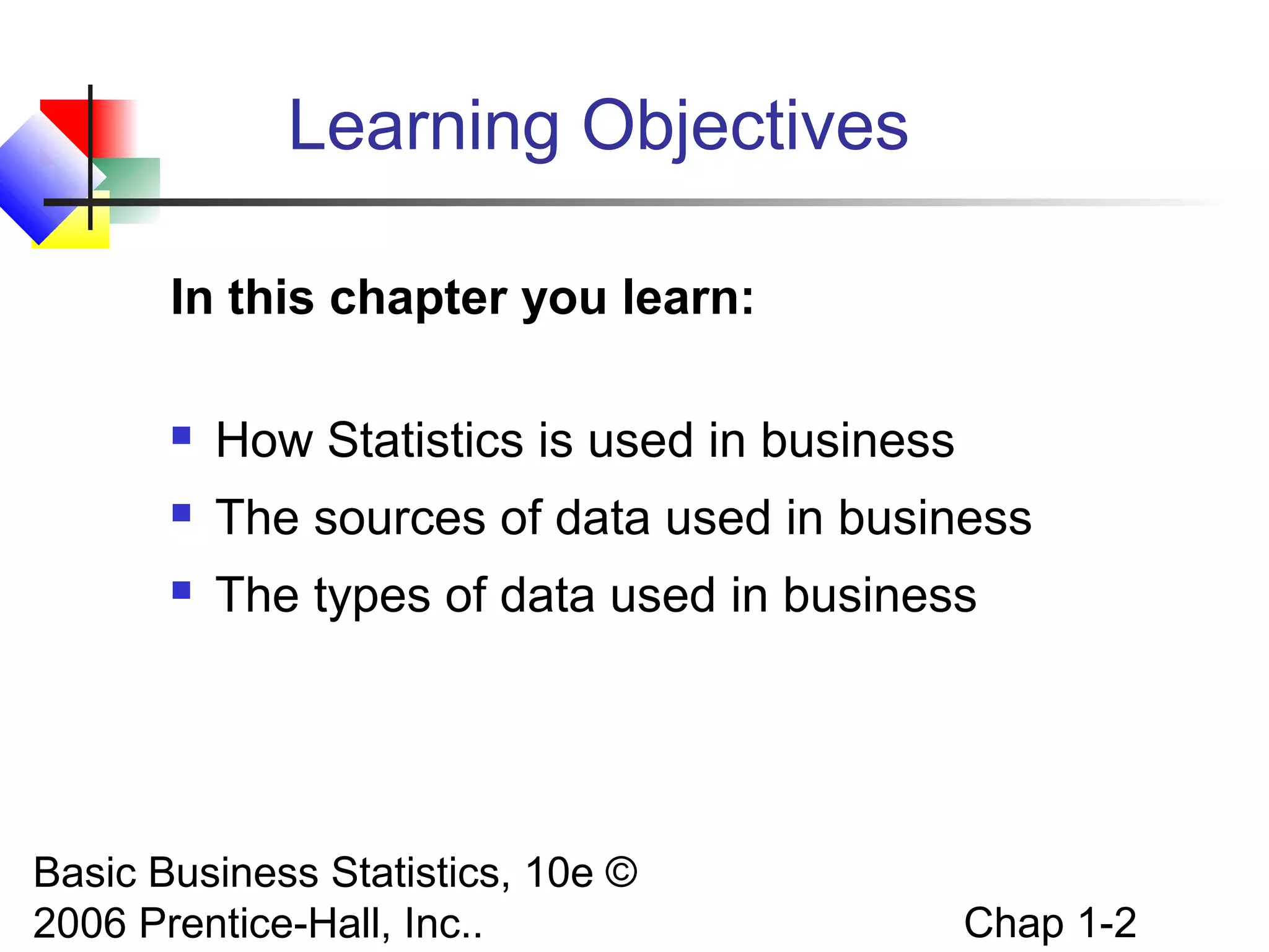 Basic Business Statistics, 10e ©
2006 Prentice-Hall, Inc.. Chap 1-2
Learning Objectives
In this chapter you learn:
 How Statistics is used in business
 The sources of data used in business
 The types of data used in business
 