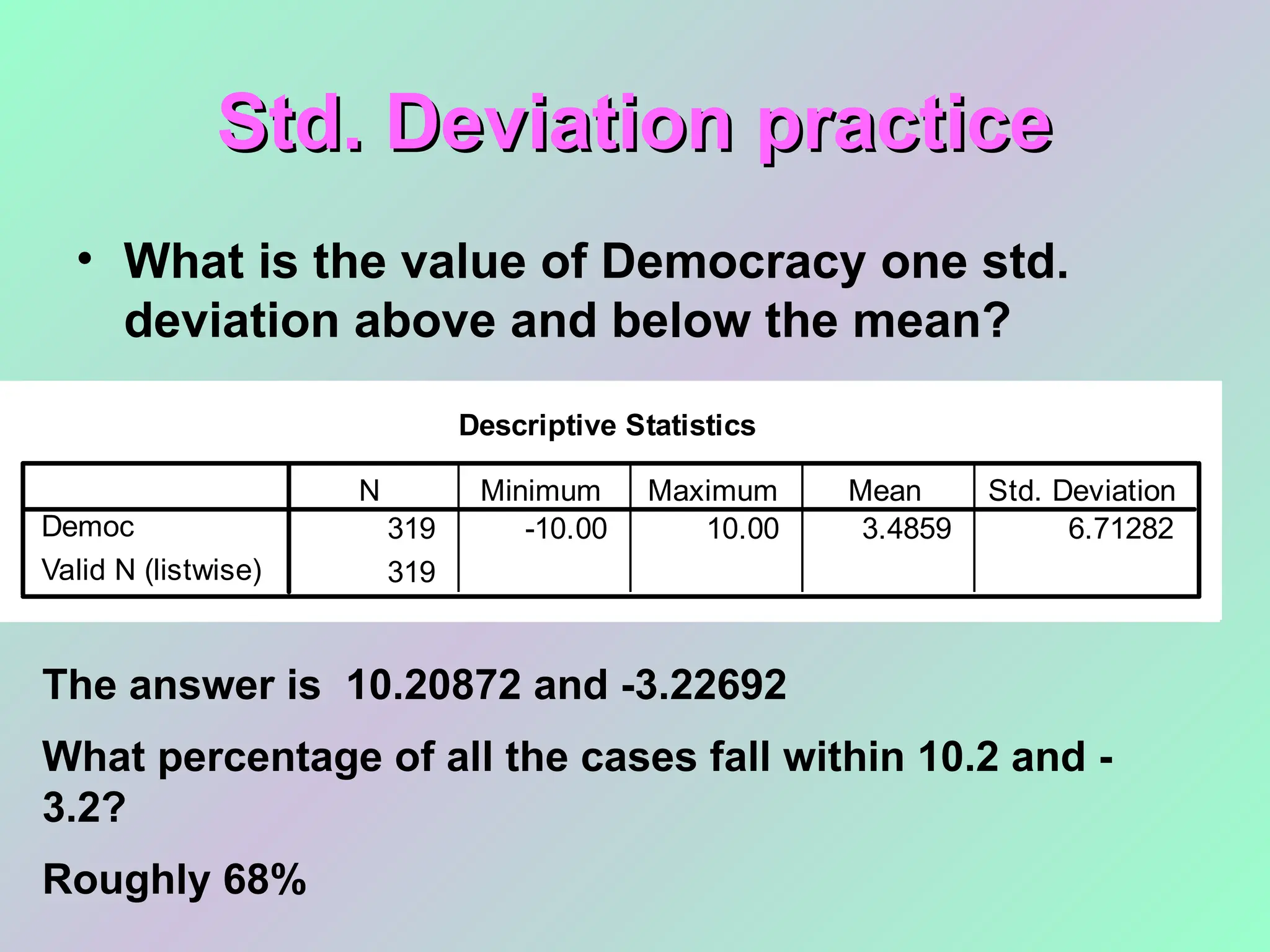Std. Deviation practice
Std. Deviation practice
• What is the value of Democracy one std.
deviation above and below the mean?
Descriptive Statistics
319 -10.00 10.00 3.4859 6.71282
319
Democ
Valid N (listwise)
N Minimum Maximum Mean Std. Deviation
The answer is 10.20872 and -3.22692
What percentage of all the cases fall within 10.2 and -
3.2?
Roughly 68%
 