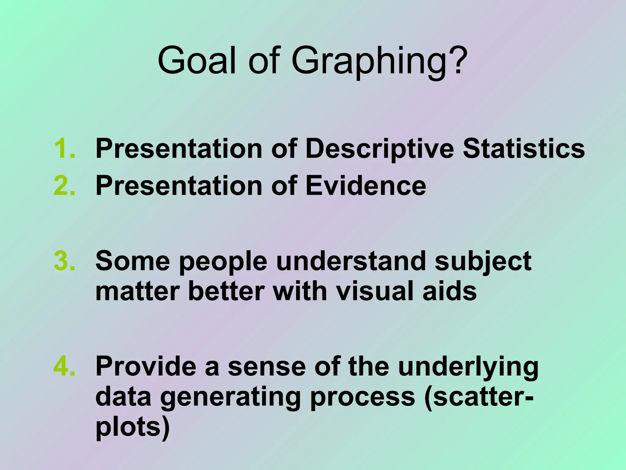 Goal of Graphing?
1. Presentation of Descriptive Statistics
2. Presentation of Evidence
3. Some people understand subject
matter better with visual aids
4. Provide a sense of the underlying
data generating process (scatter-
plots)
 
