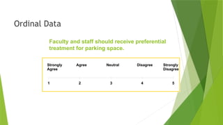 Ordinal Data
Faculty and staff should receive preferential
treatment for parking space.
1 2 3 4 5
Strongly
Agree
Agree Strongly
Disagree
Disagree
Neutral
 