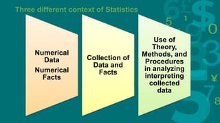 5
Three different context of Statistics
Numerical
Data
Numerical
Facts
Collection of
Data and
Facts
Use of
Theory,
Methods, and
Procedures
in analyzing
interpreting
collected
data
 