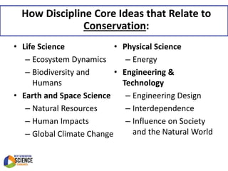 How Discipline Core Ideas that Relate to
               Conservation:
• Life Science             •   Physical Science
   – Ecosystem Dynamics         – Energy
   – Biodiversity and      •   Engineering &
     Humans                    Technology
• Earth and Space Science       – Engineering Design
   – Natural Resources          – Interdependence
   – Human Impacts              – Influence on Society
   – Global Climate Change        and the Natural World
 