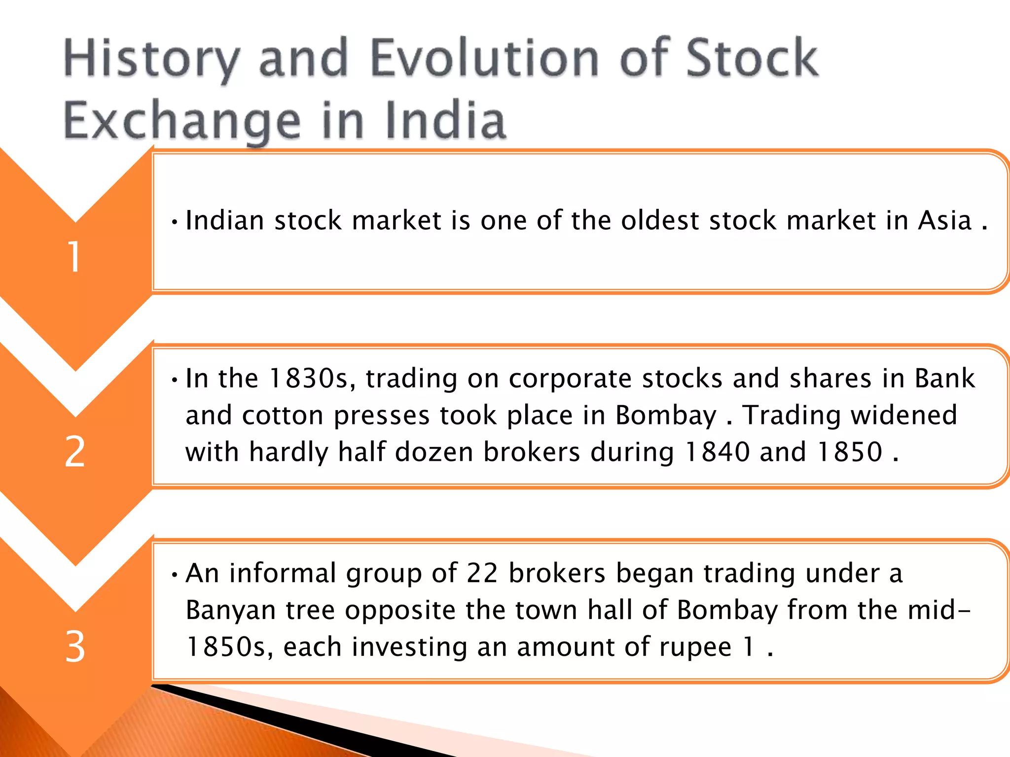 1
•Indian stock market is one of the oldest stock market in Asia .
2
•In the 1830s, trading on corporate stocks and shares in Bank
and cotton presses took place in Bombay . Trading widened
with hardly half dozen brokers during 1840 and 1850 .
3
•An informal group of 22 brokers began trading under a
Banyan tree opposite the town hall of Bombay from the mid-
1850s, each investing an amount of rupee 1 .
 