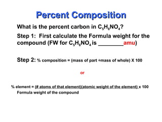 What is the percent carbon in C5H8NO4?
Step 1: First calculate the Formula weight for the
compound (FW for C5H8NO4 is ________amu)
Step 2: % composition = (mass of part ÷mass of whole) X 100
or
% element = (# atoms of that element)(atomic weight of the element) x 100
Formula weight of the compound
Percent Composition
Percent Composition
 