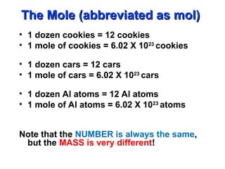 The Mole (abbreviated as mol)
The Mole (abbreviated as mol)
• 1 dozen cookies = 12 cookies
• 1 mole of cookies = 6.02 X 1023
cookies
• 1 dozen cars = 12 cars
• 1 mole of cars = 6.02 X 1023
cars
• 1 dozen Al atoms = 12 Al atoms
• 1 mole of Al atoms = 6.02 X 1023
atoms
Note that the NUMBER is always the same,
but the MASS is very different!
 