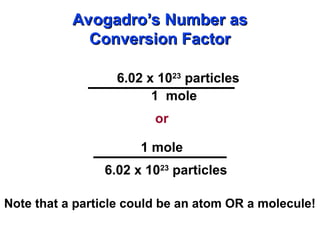 6.02 x 1023
particles
1 mole
or
1 mole
6.02 x 1023
particles
Note that a particle could be an atom OR a molecule!
Avogadro’s Number as
Avogadro’s Number as
Conversion Factor
Conversion Factor
 