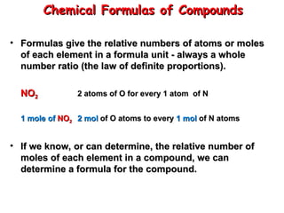 Chemical Formulas of Compounds
Chemical Formulas of Compounds
• Formulas give the relative numbers of atoms or moles
Formulas give the relative numbers of atoms or moles
of each element in a formula unit - always a whole
of each element in a formula unit - always a whole
number ratio (the law of definite proportions).
number ratio (the law of definite proportions).
NO
NO2
2 2 atoms of O for every 1 atom of N
2 atoms of O for every 1 atom of N
1 mole of
1 mole of NO
NO2
2 2 mol
2 mol of O atoms to every
of O atoms to every 1 mol
1 mol of N atoms
of N atoms
• If we know, or can determine, the relative number of
If we know, or can determine, the relative number of
moles of each element in a compound, we can
moles of each element in a compound, we can
determine a formula for the compound.
determine a formula for the compound.
 