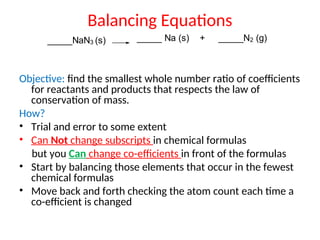 Balancing Equations
Objective: find the smallest whole number ratio of coefficients
for reactants and products that respects the law of
conservation of mass.
How?
• Trial and error to some extent
• Can Not change subscripts in chemical formulas
but you Can change co-efficients in front of the formulas
• Start by balancing those elements that occur in the fewest
chemical formulas
• Move back and forth checking the atom count each time a
co-efficient is changed
_____NaN3 (s) _____ Na (s) + _____N2 (g)
 