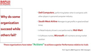 Why do some
organization
succeed while
others fail?
 Dell Computers, performing better when it compares with
other players in personal computer industry
 South West Airline Manages to get profits in good and bad
times
 In Retail Industry Kmart is out performed by Wal-Mart
 In Software market, Microsoft still maintains strong market
position
These organizations have taken ”Actions” to achieve superior Performance relative to rivals
Prof. Vijay K S, MBA Programme`-BIET, Davangere
 