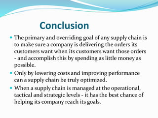 Conclusion
 The primary and overriding goal of any supply chain is
to make sure a company is delivering the orders its
customers want when its customers want those orders
- and accomplish this by spending as little money as
possible.
 Only by lowering costs and improving performance
can a supply chain be truly optimized.
 When a supply chain is managed at the operational,
tactical and strategic levels - it has the best chance of
helping its company reach its goals.
 