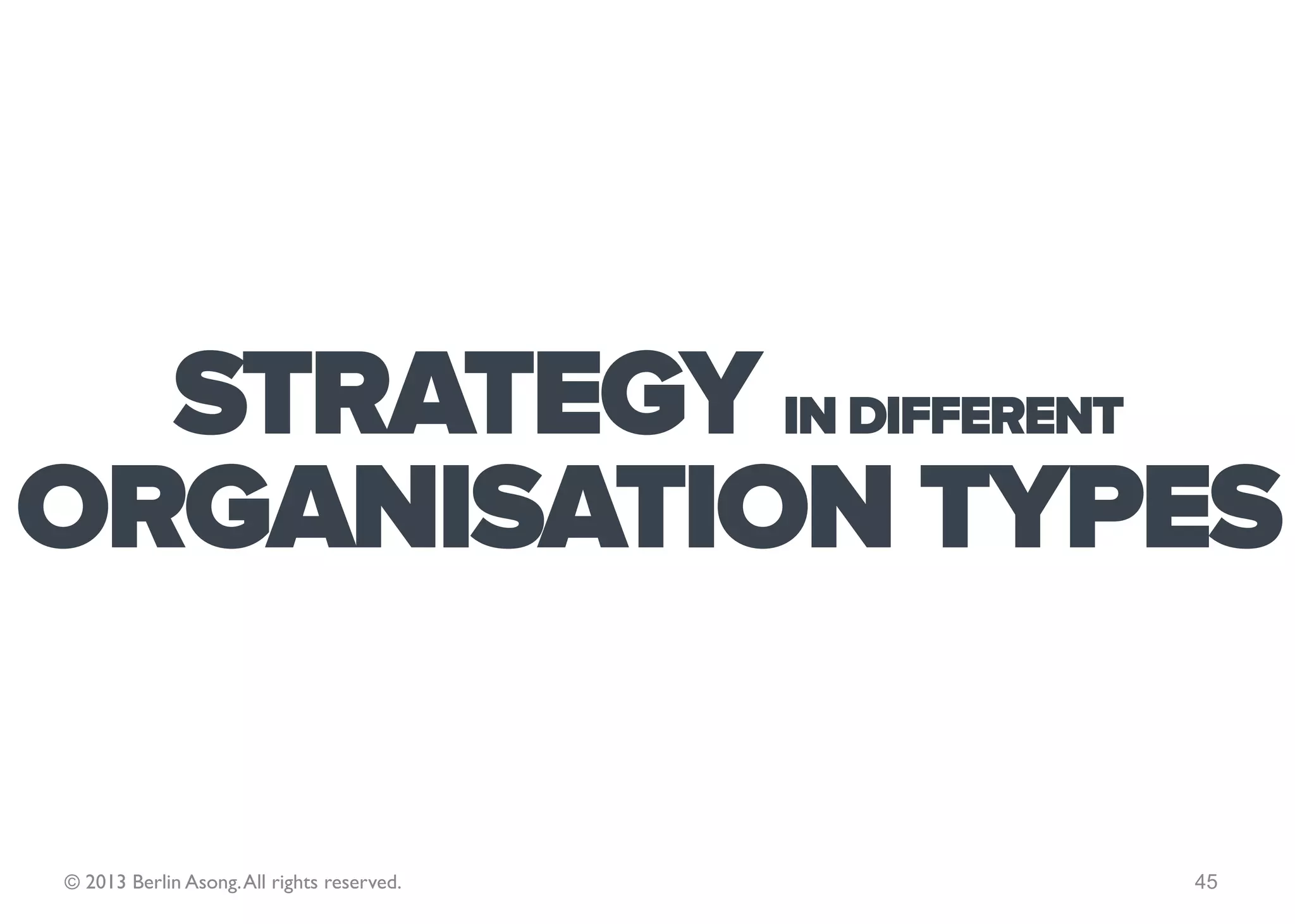 The Planning, Configuration, Positioning, & Emergent
            schools’ definitions are distinct parts of the same subject called…


           STRATEGY                                                                   .
                                                                       Henry Mintzberg, 1979




© 2013 Berlin Asong. All rights reserved.                                                      45
 