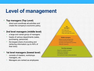 Level of management
 Top managers (Top Level)
 direct and coordinate all activities and
create the company's economic policy.
 2nd level managers (middle level)
 a large and varied group of managers
 heads of various departments (sales,
purchasing, personnel)
 the largest share of providing and
retrieving information (up to 40% of
their time)
 1st level managers (lowest level)
 consists of masters, workshops
managers, etc.
 Managers are ranked as employees
 