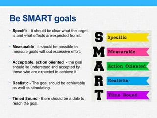 Be SMART goals
• Specific - it should be clear what the target
is and what effects are expected from it.
• Measurable - it should be possible to
measure goals without excessive effort.
• Acceptable, action oriented - the goal
should be understood and accepted by
those who are expected to achieve it.
• Realistic - The goal should be achievable
as well as stimulating
• Timed Bound - there should be a date to
reach the goal.
 