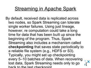 By default, received data is replicated across
two nodes, so Spark Streaming can tolerate
single worker failures. Using just lineage,
however, re computation could take a long
time for data that has been built up since the
beginning of the program. Thus, Spark
Streaming also includes a mechanism called
checkpointing that saves state periodically to
a reliable file system (e.g., HDFS or S3).
Typically, you might set up checkpointing
every 5–10 batches of data. When recovering
lost data, Spark Streaming needs only to go
Streaming in Apache Spark
 