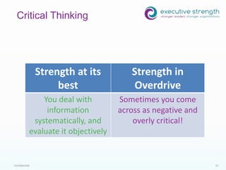 Confidential 21
Critical Thinking
Strength at its
best
Strength in
Overdrive
You deal with
information
systematically, and
evaluate it objectively
Sometimes you come
across as negative and
overly critical!
 