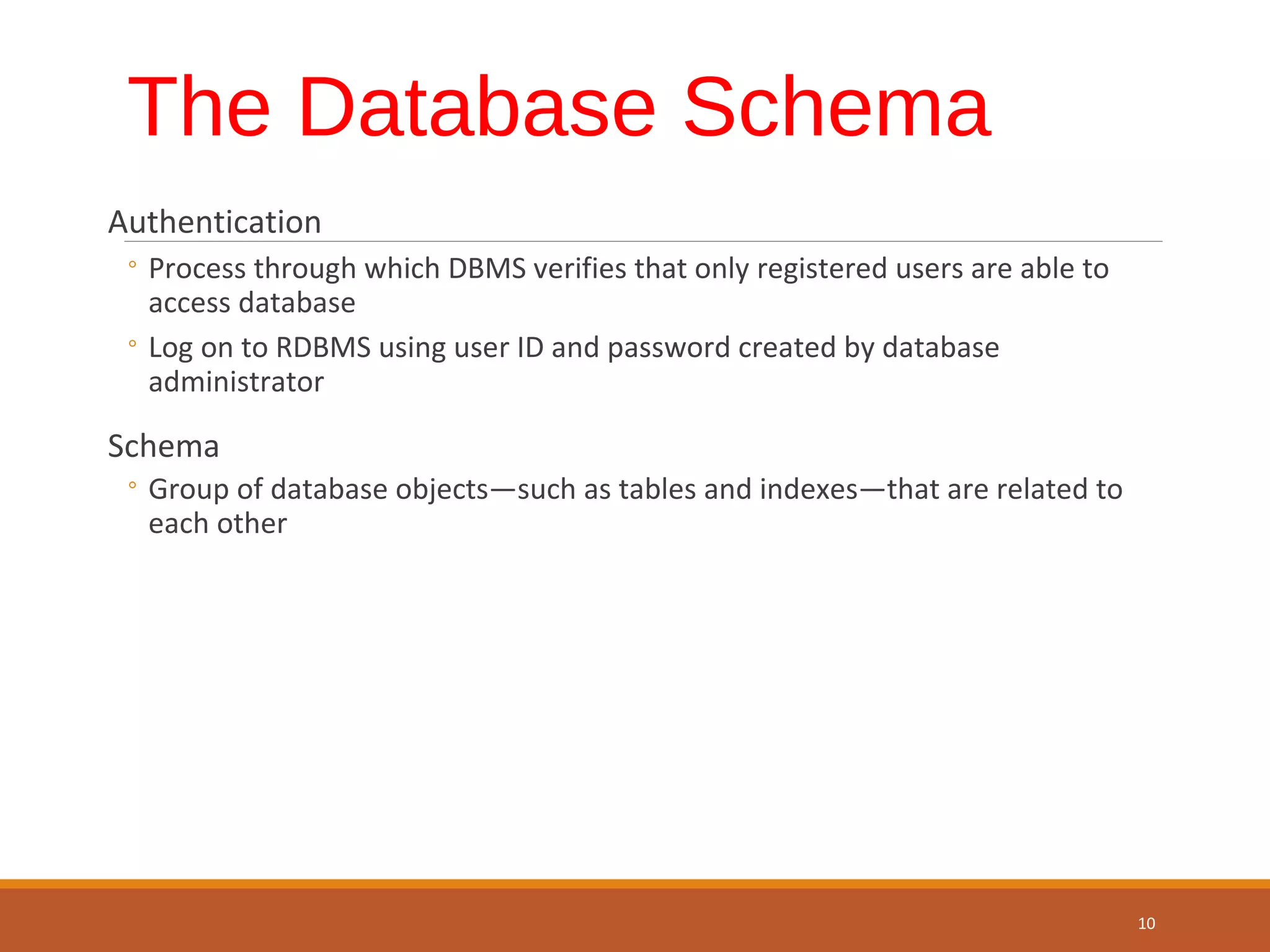 The Database Schema Authentication ◦ Process through which DBMS verifies that only registered users are able to access database ◦ Log on to RDBMS using user ID and password created by database administrator Schema ◦ Group of database objects—such as tables and indexes—that are related to each other 10 
