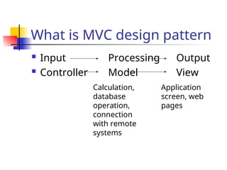 What is MVC design pattern
 Input Processing Output
 Controller Model View
Calculation,
database
operation,
connection
with remote
systems
Application
screen, web
pages
 