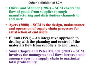 Other definition of SCM
• Oliver and Webber (1982) – SCM covers the
flow of goods from supplier through
manufacturing and distribution channels to
end user.
• Ayers (2000) – SCM is the design, maintenance
and operation of supply chain processes for
satisfaction of end users.
• Ellram (1991) – An integrative approach to
dealing with the planning and control of the
materials flow from suppliers to end users.
• Sunil Chopra and Peter Meindl (2001) – SCM
involves the management of flows between and
among stages in a supply chain to maximize
total profitability.
 