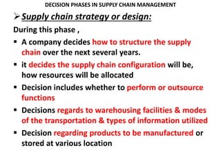 DECISION PHASES IN SUPPLY CHAIN MANAGEMENT
Supply chain strategy or design:
During this phase ,
 A company decides how to structure the supply
chain over the next several years.
 it decides the supply chain configuration will be,
how resources will be allocated
 Decision includes whether to perform or outsource
functions
 Decisions regards to warehousing facilities & modes
of the transportation & types of information utilized
 Decision regarding products to be manufactured or
stored at various location
 