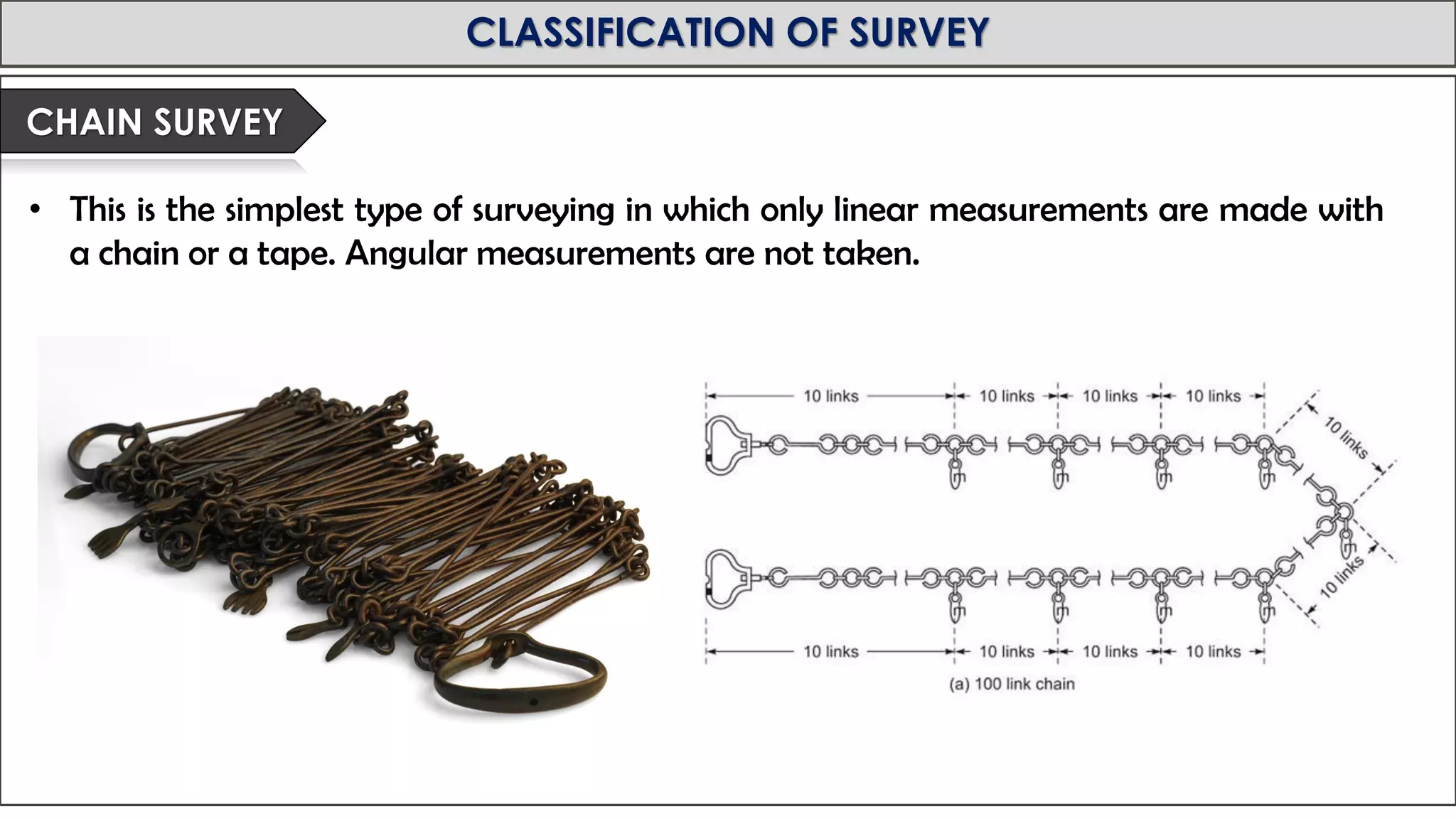 MID-TERM REVIEW, 2017
CLASSIFICATION OF SURVEY
• This is the simplest type of surveying in which only linear measurements are made with
a chain or a tape. Angular measurements are not taken.
CHAIN SURVEY
 