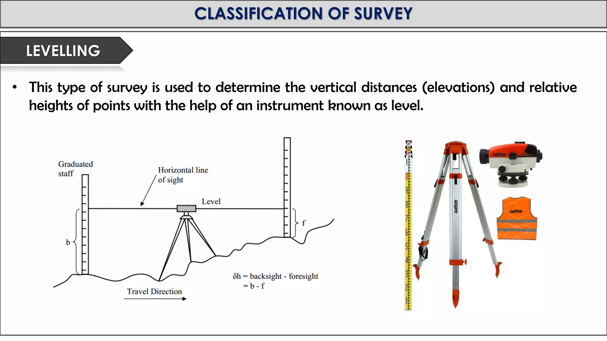 MID-TERM REVIEW, 2017
CLASSIFICATION OF SURVEY
• This type of survey is used to determine the vertical distances (elevations) and relative
heights of points with the help of an instrument known as level.
LEVELLING
 