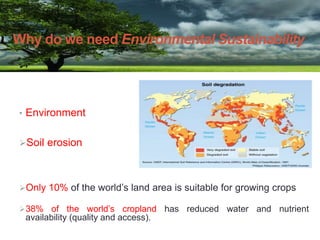 • Environment
Soil erosion
Only 10% of the world’s land area is suitable for growing crops
38% of the world’s cropland has reduced water and nutrient
availability (quality and access).
Why do we need Environmental Sustainability
 