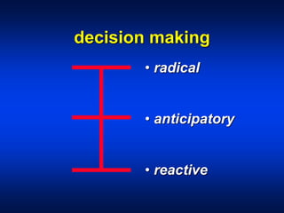decision making
• radical
• anticipatory
• reactive
 
