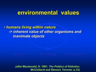 environmental values
values ideology strategies
• humans living within nature
-> inherent value of other organisms and
inanimate objects
(after Macdonald, D. 1991. The Politics of Pollution.
McClelland and Stewart, Toronto: p.33)
 