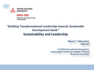 Mario T. Tabucanon
UNU-IAS
ProSPER.Net Leadership Programme
Chulalongkorn University, Bangkok, Thailand
29 June to 5 July 2017
 
