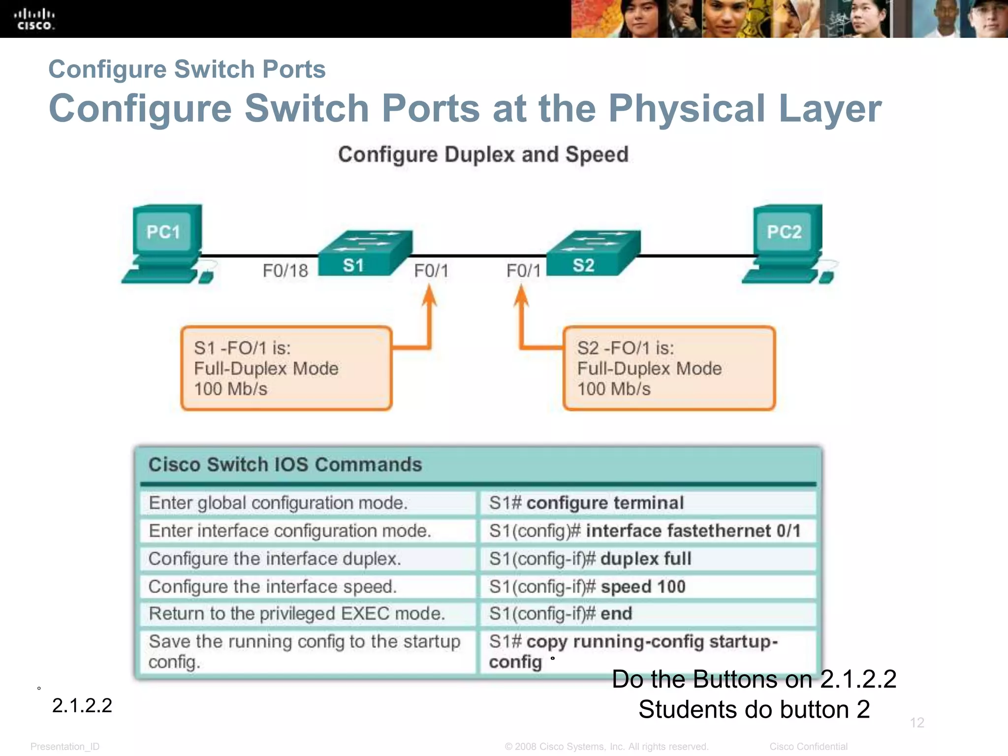 Presentation_ID
12
© 2008 Cisco Systems, Inc. All rights reserved. Cisco Confidential
Configure Switch Ports
Configure Switch Ports at the Physical Layer
2.1.2.2
Do the Buttons on 2.1.2.2
Students do button 2
 
