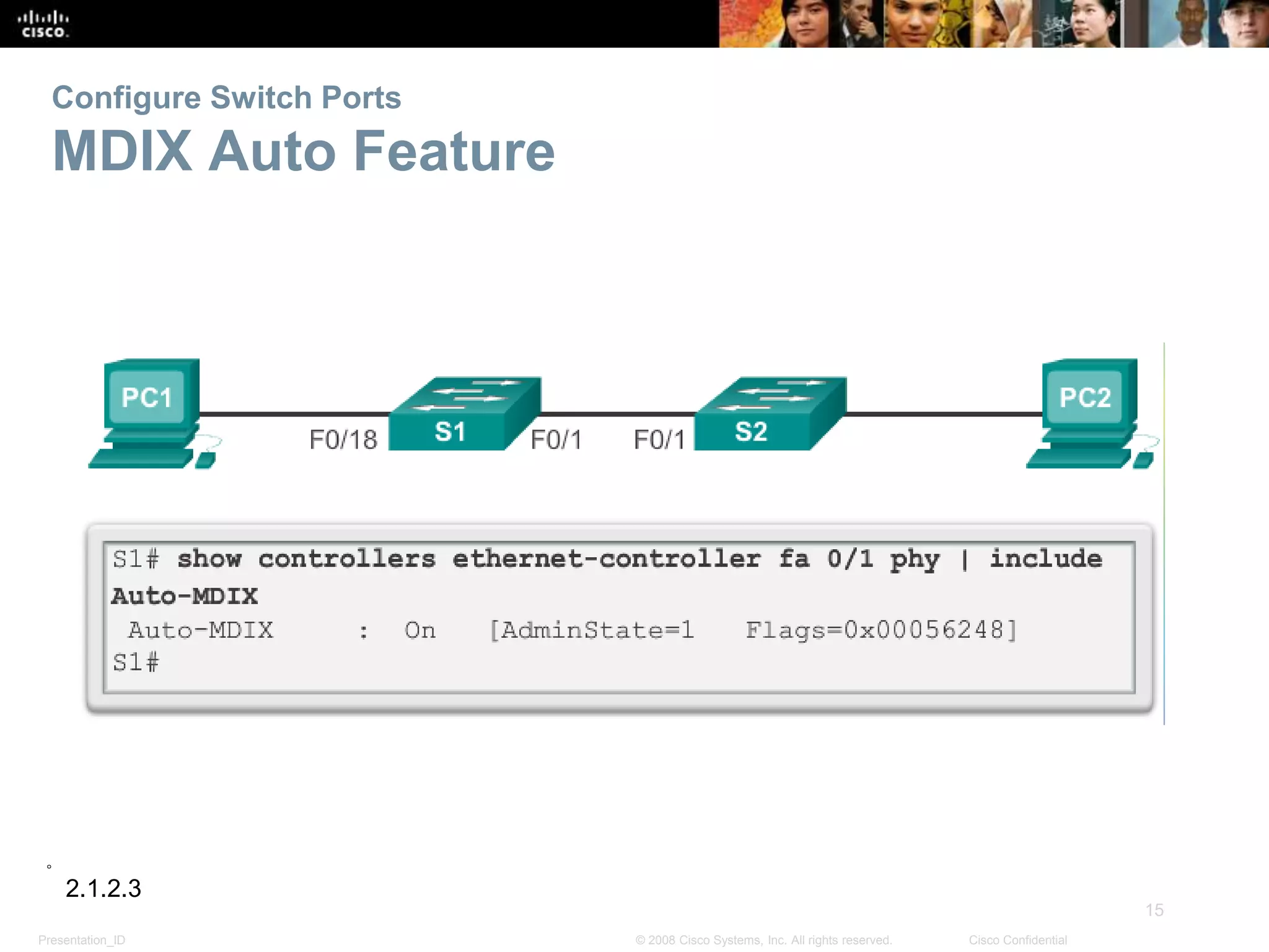 Presentation_ID
15
© 2008 Cisco Systems, Inc. All rights reserved. Cisco Confidential
Configure Switch Ports
MDIX Auto Feature
2.1.2.3
 
