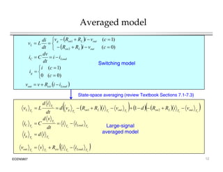 Averaged model
 
  )
0
(
)
1
(
2
1













c
c
v
i
R
R
v
i
R
R
v
dt
di
L
v
out
L
on
out
L
on
g
L
dv
Switching model
Load
C i
i
dt
dv
C
i 


)
0
(
)
1
(
0 





c
c
i
ig
)
0
(
0 
 c
 
Load
esr
out i
i
R
v
v 


State-space averaging (review Textbook Sections 7.1-7.3)
v
d
 
     
 
s
s
s
s
s
s
s T
out
T
L
on
T
out
T
L
on
T
g
T
T
L v
i
R
R
d
v
i
R
R
v
d
dt
i
d
L
v 








 2
1 1
p g g ( )
s
s
s
s T
Load
T
T
T
C i
i
dt
v
d
C
i 


s
s
T
T
g i
d
i 
Large-signal
averaged model
ECEN5807 12
 
s
s
s
s T
Load
T
esr
T
T
out i
i
R
v
v 


 