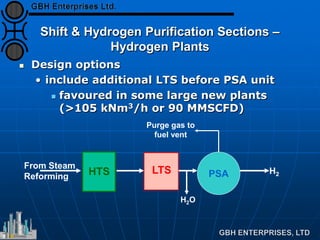 Shift & Hydrogen Purification Sections –
Hydrogen Plants
 Design options
• include additional LTS before PSA unit
 favoured in some large new plants
(>105 kNm3/h or 90 MMSCFD)
HTS
From Steam
Reforming PSA H2LTS
H2O
Purge gas to
fuel vent
 