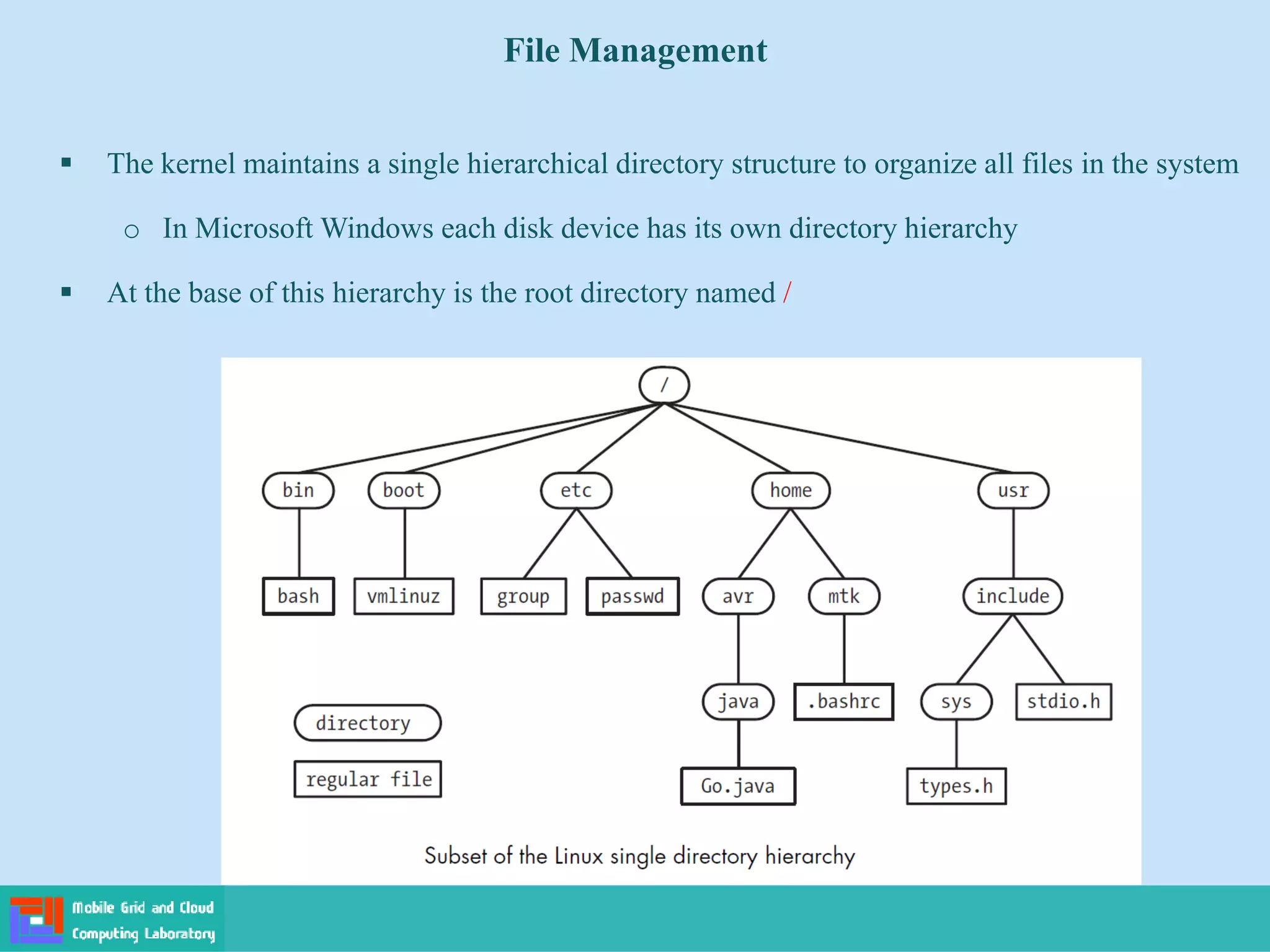 File Management
 The kernel maintains a single hierarchical directory structure to organize all files in the system
o In Microsoft Windows each disk device has its own directory hierarchy
 At the base of this hierarchy is the root directory named /
 