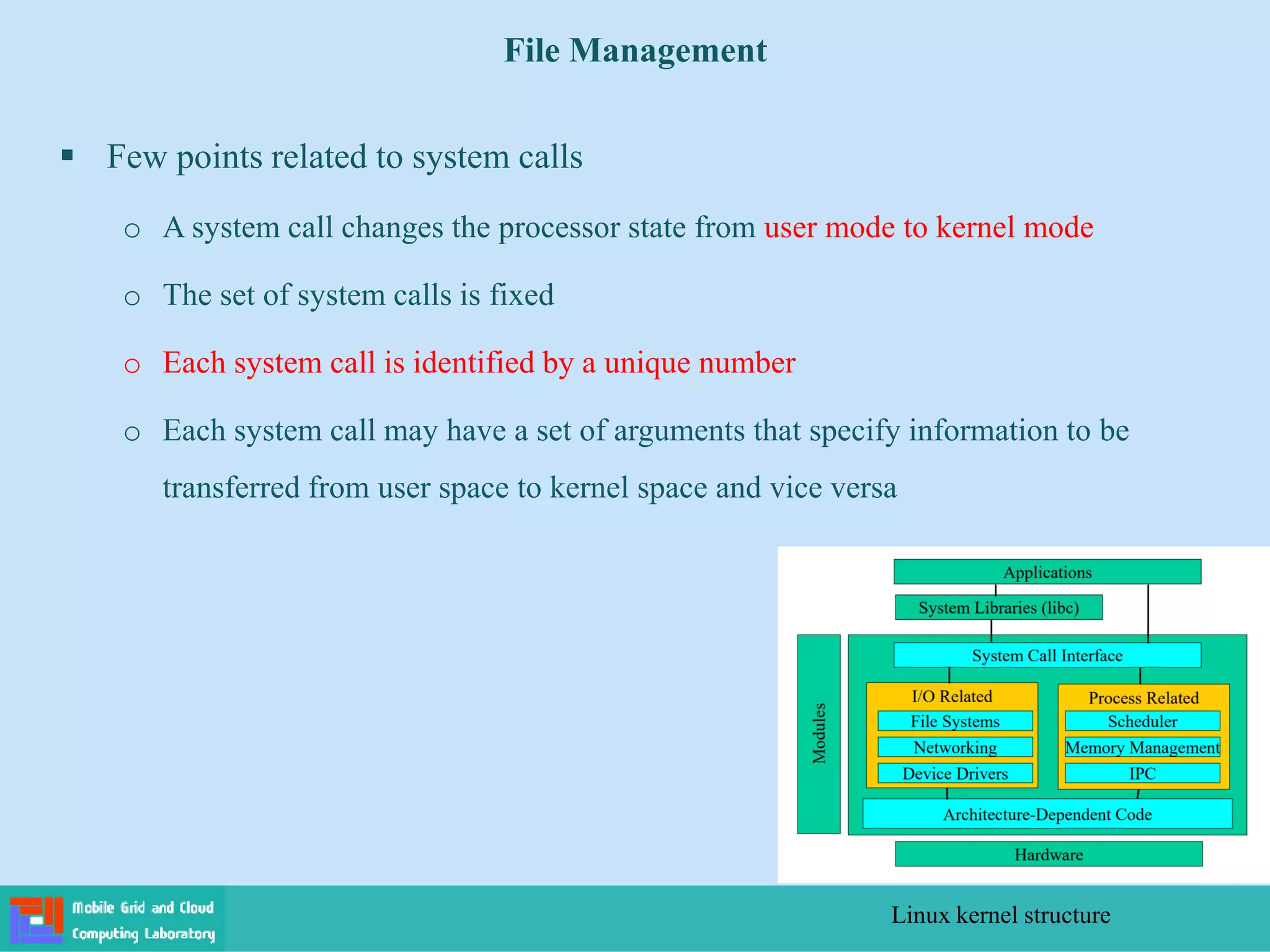 File Management
 Few points related to system calls
o A system call changes the processor state from user mode to kernel mode
o The set of system calls is fixed
o Each system call is identified by a unique number
o Each system call may have a set of arguments that specify information to be
transferred from user space to kernel space and vice versa
Linux kernel structure
 