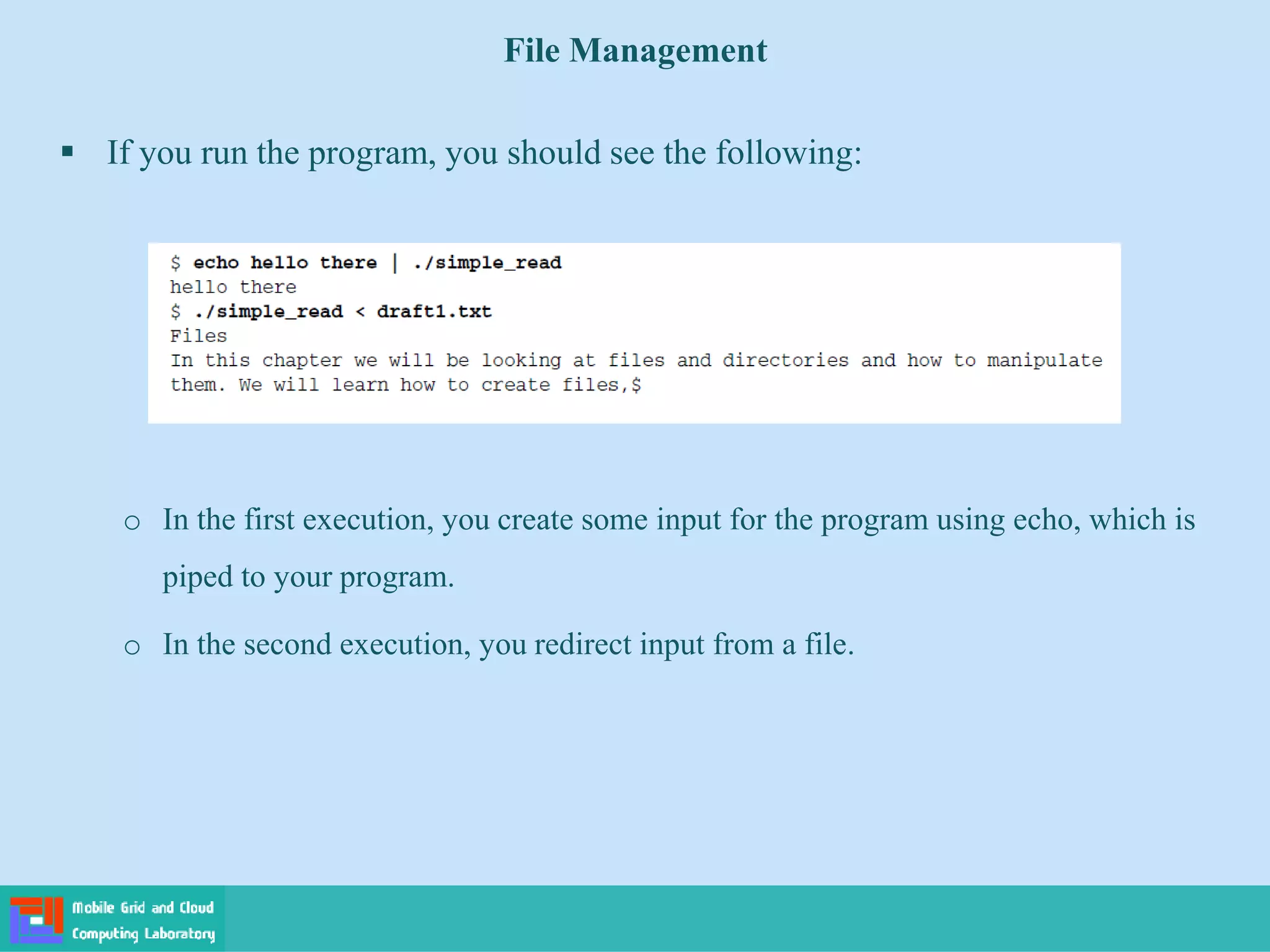 File Management
 If you run the program, you should see the following:
o In the first execution, you create some input for the program using echo, which is
piped to your program.
o In the second execution, you redirect input from a file.
 
