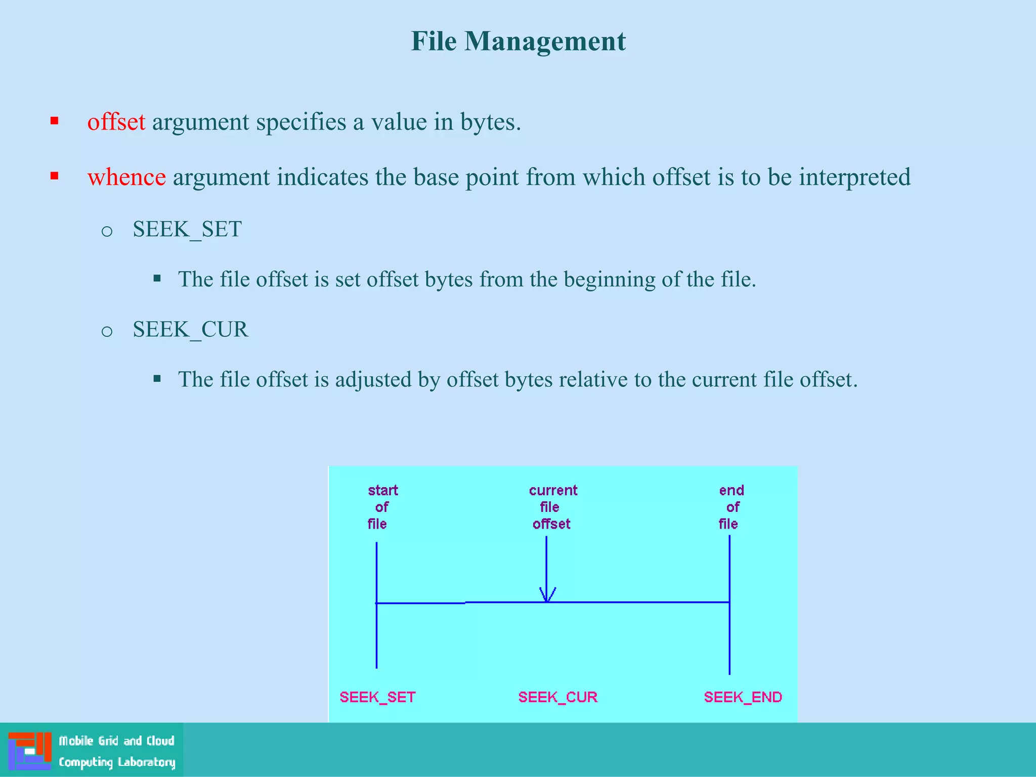 File Management
 offset argument specifies a value in bytes.
 whence argument indicates the base point from which offset is to be interpreted
o SEEK_SET
 The file offset is set offset bytes from the beginning of the file.
o SEEK_CUR
 The file offset is adjusted by offset bytes relative to the current file offset.
 