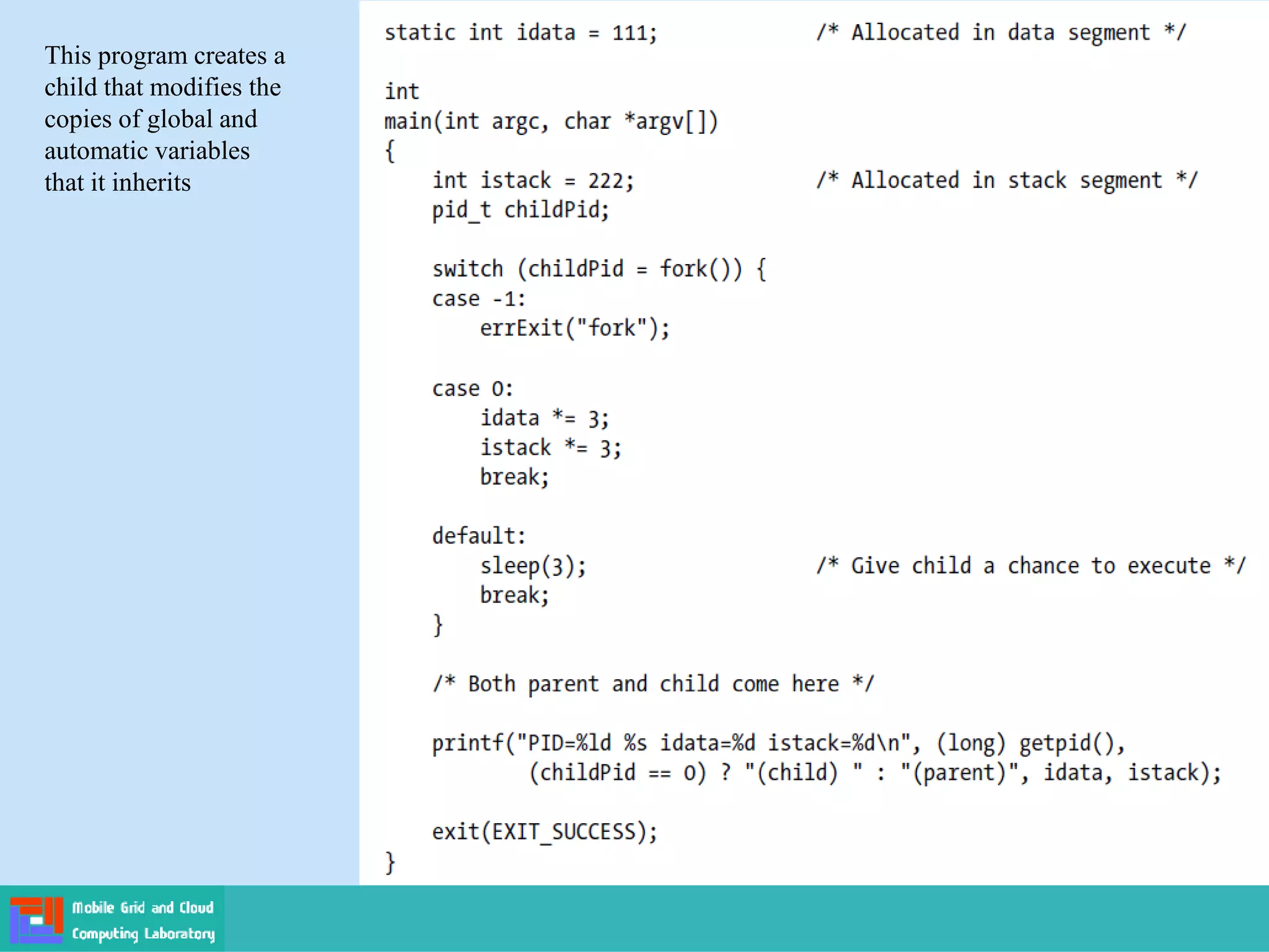 This program creates a
child that modifies the
copies of global and
automatic variables
that it inherits
 