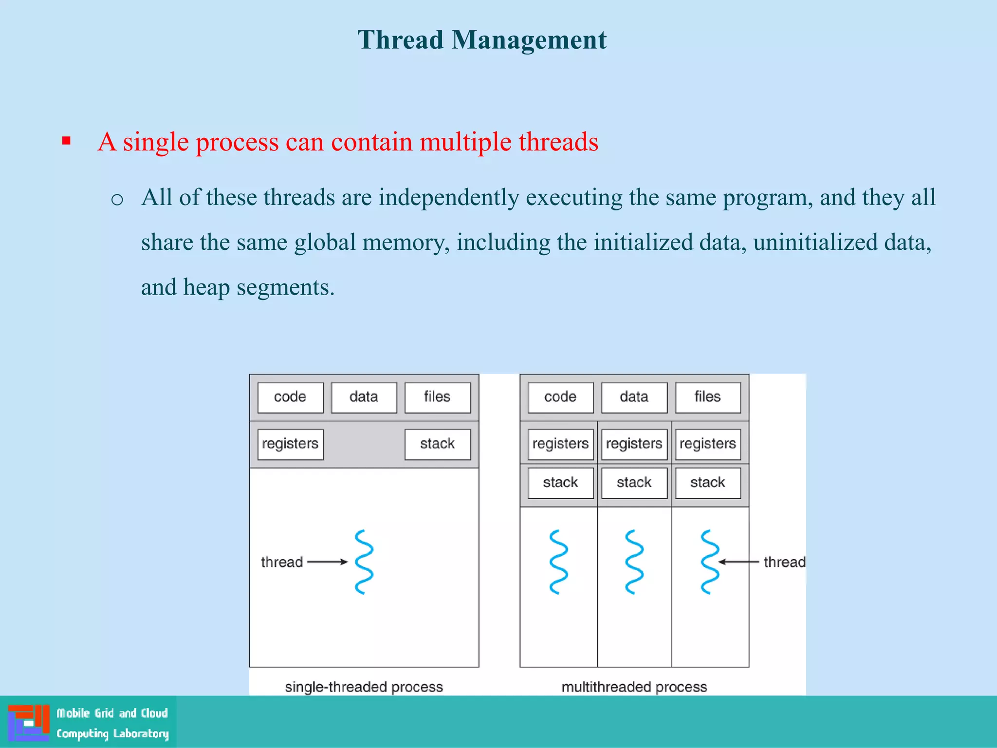  A single process can contain multiple threads
o All of these threads are independently executing the same program, and they all
share the same global memory, including the initialized data, uninitialized data,
and heap segments.
Thread Management
 